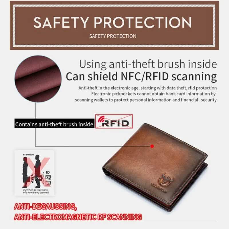 BULLCAPTAIN Men Genuine Leather Vintager RFID Blocking Anti-theft Wallet
